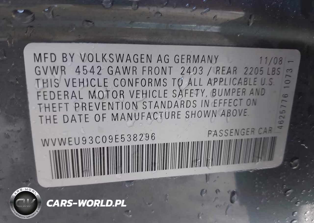 2009 Volkswagen Cc Vr6 Sport VIN:WVWEU93C09E538296 - 9