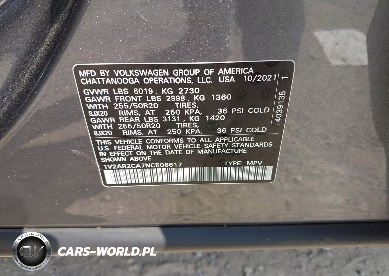 2022 Volkswagen Atlas 3.6L V6 Sel R-Line VIN:1V2AR2CA7NC506617 - 9