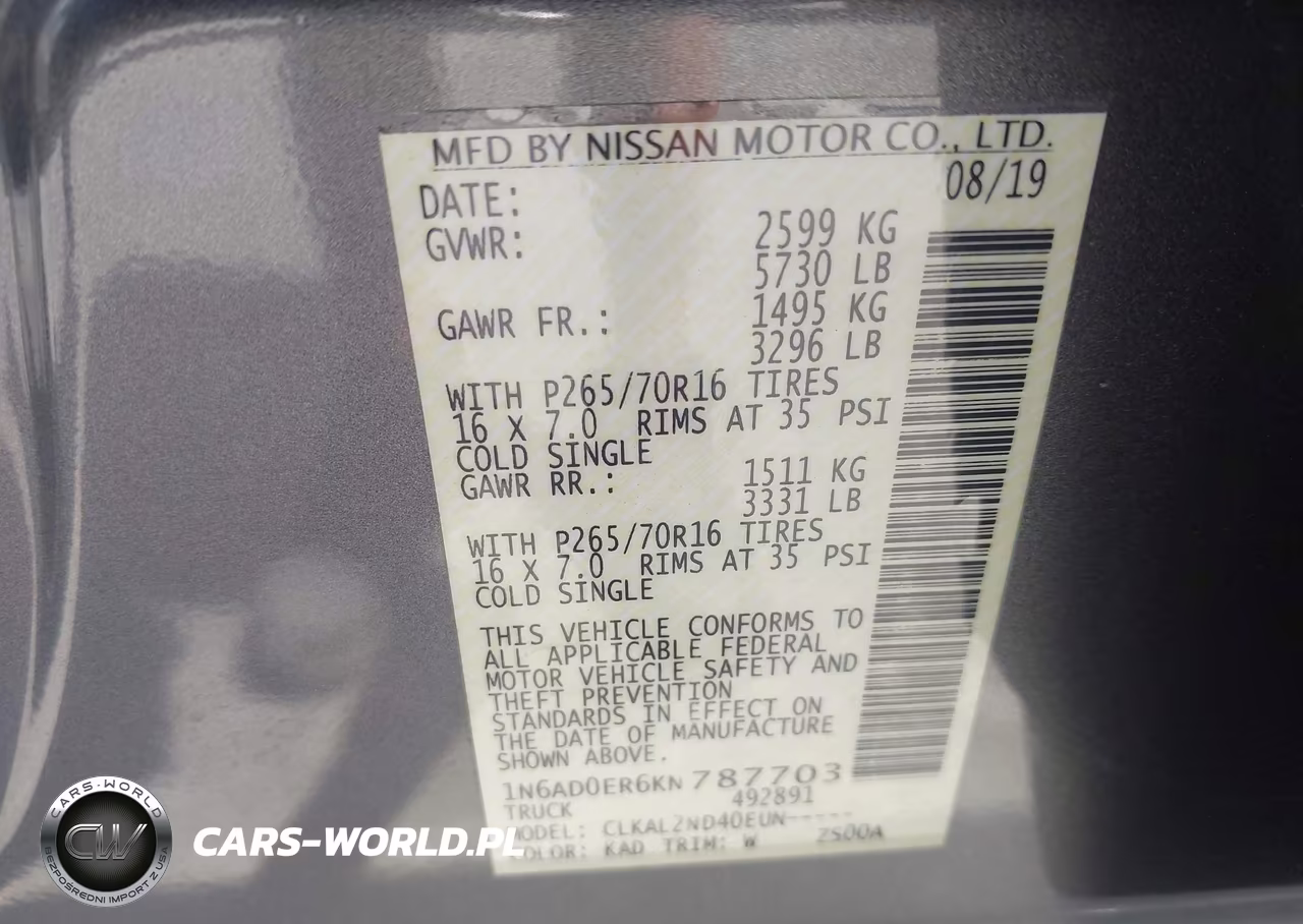 2019 Nissan Frontier Sv VIN:1N6AD0ER6KN787703 - 9