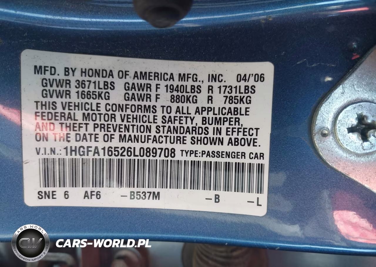 2006 Honda Civic Lx VIN:1HGFA16526L089708 - 9