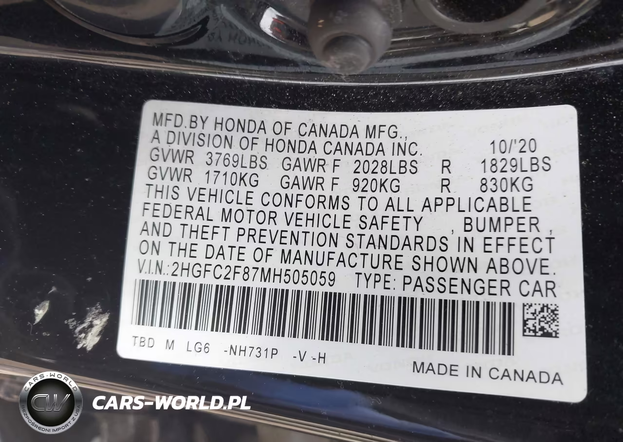 2021 Honda Civic Sport VIN:2HGFC2F87MH505059 - 9
