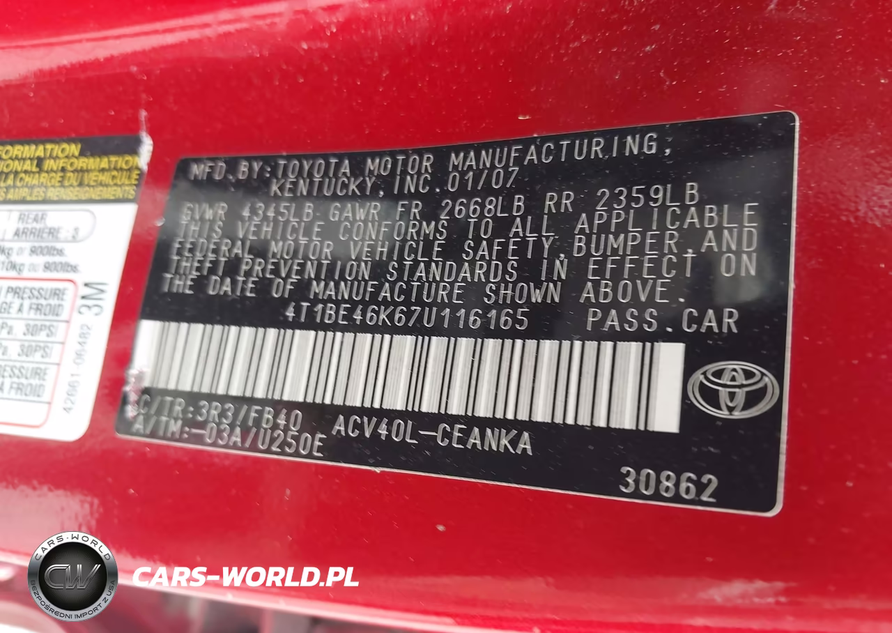 2007 Toyota Camry Le VIN:4T1BE46K67U116165 - 9