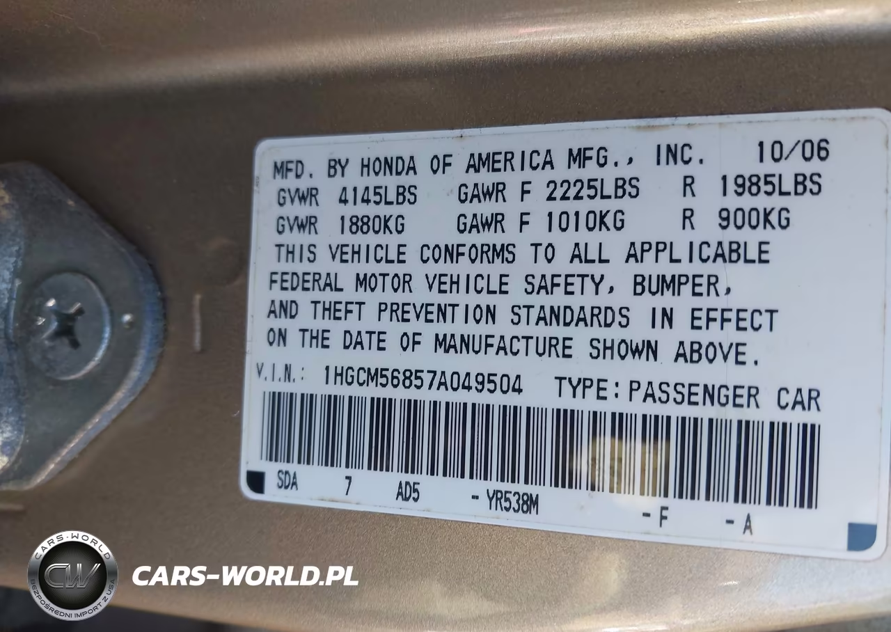 2007 Honda Accord 2.4 Ex VIN:1HGCM56857A049504 - 9