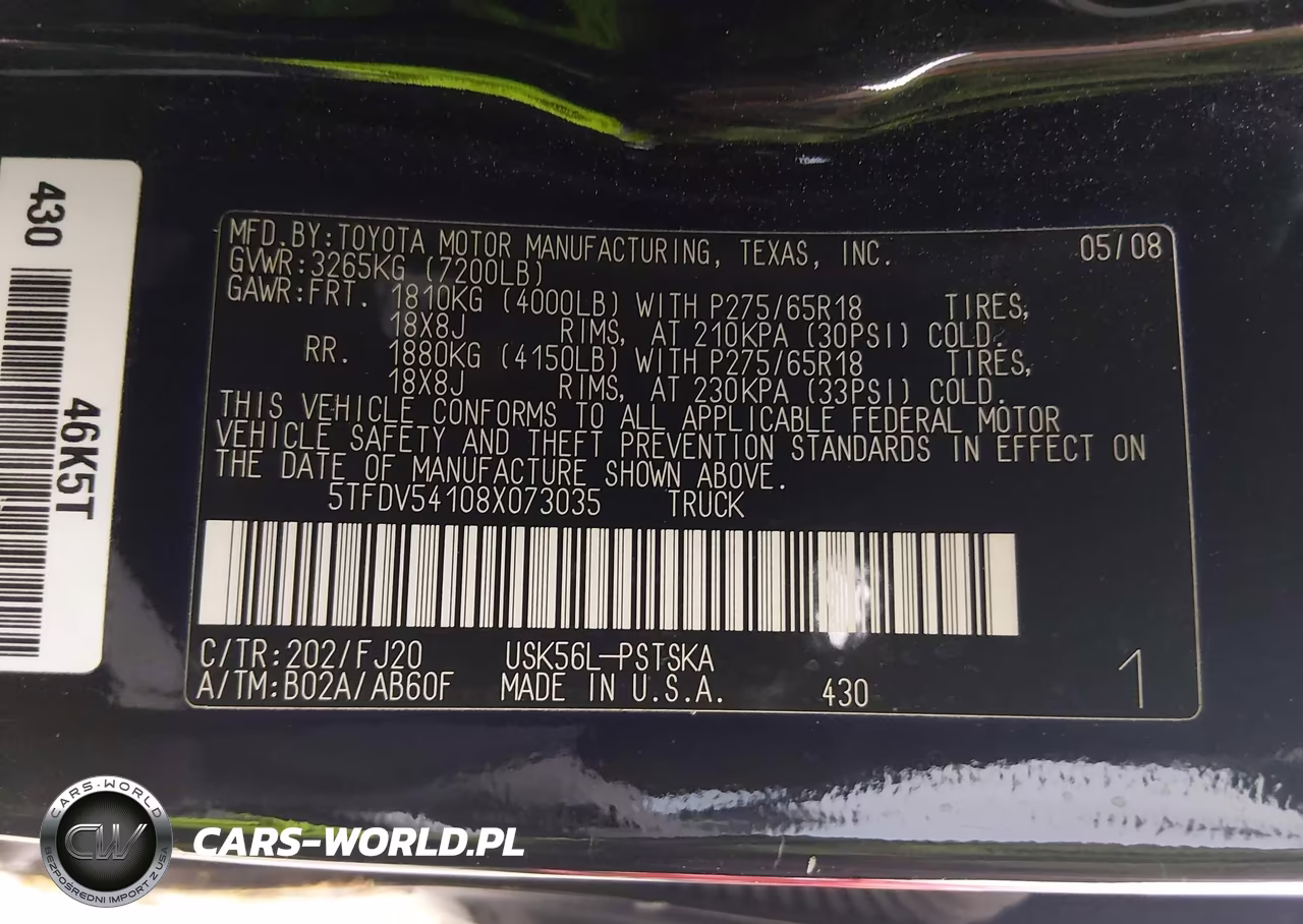 2008 Toyota Tundra Sr5 5.7L V8 VIN:5TFDV54108X073035 - 9