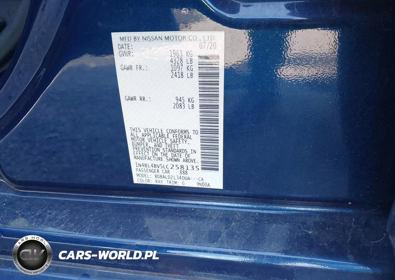 2020 Nissan Altima S Fwd VIN:1N4BL4BV5LC258135 - 9