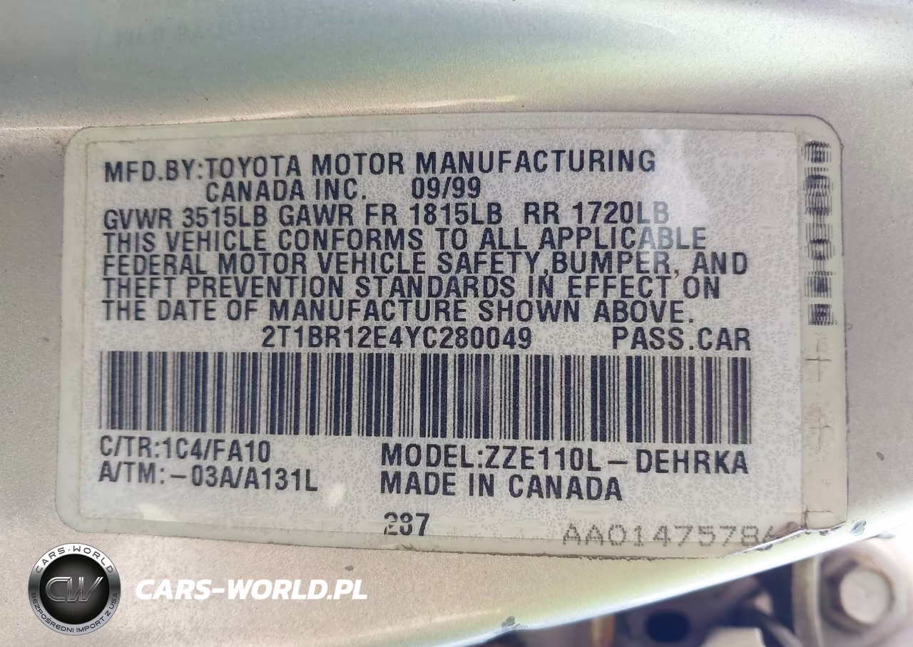 2000 Toyota Corolla Ve VIN:2T1BR12E4YC280049 - 9