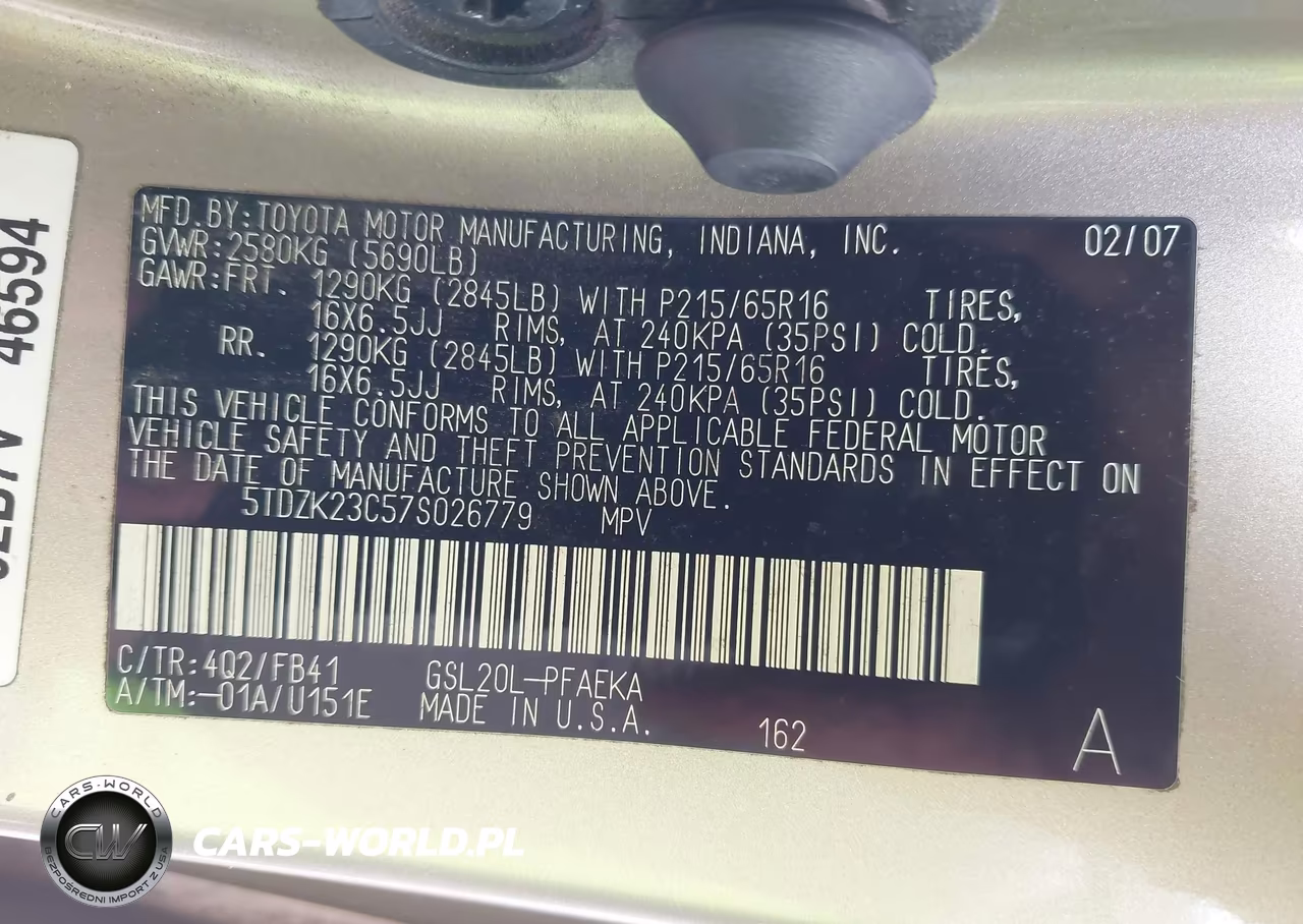 2007 Toyota Sienna Ce VIN:5TDZK23C57S026779 - 9