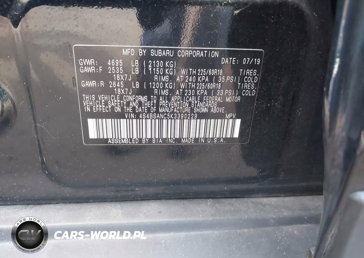 2019 Subaru Outback 2.5I Limited VIN:4S4BSANC5K3390229 - 9