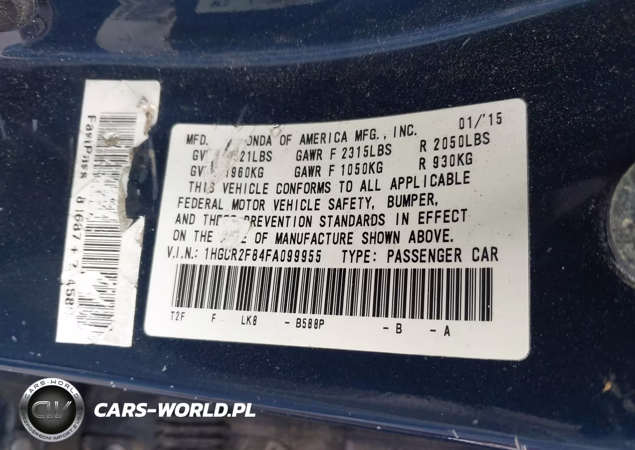 2015 Honda Accord Ex-L VIN:1HGCR2F84FA099955 - 9