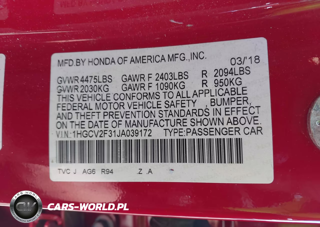 2018 Honda Accord Sport 2.0T VIN:1HGCV2F31JA039172 - 9