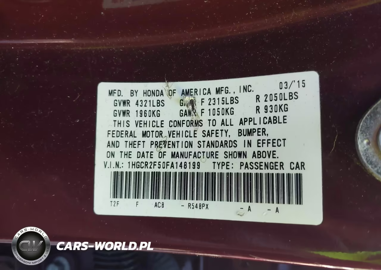 2015 Honda Accord Sport VIN:1HGCR2F50FA148199 - 9