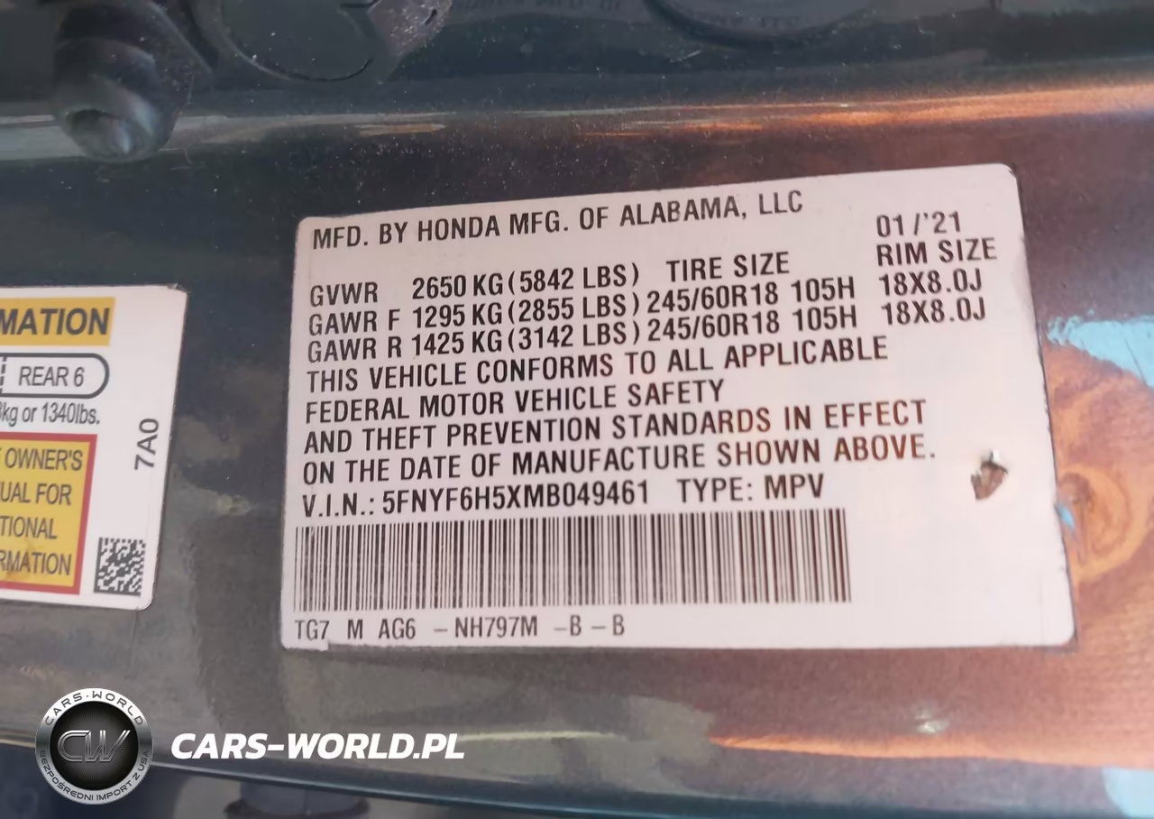 2021 Honda Pilot Awd Ex-L VIN:5FNYF6H5XMB049461 - 9