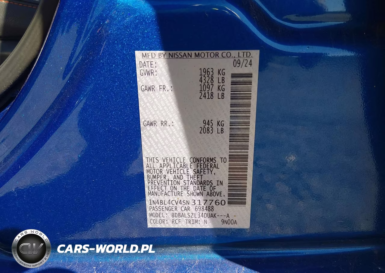 2025 Nissan Altima Sr Fwd VIN:1N4BL4CV4SN317760 - 9
