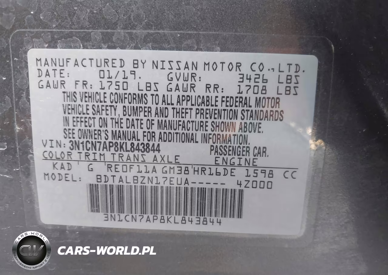 2019 Nissan Versa 1.6 Sv VIN:3N1CN7AP8KL843844 - 9