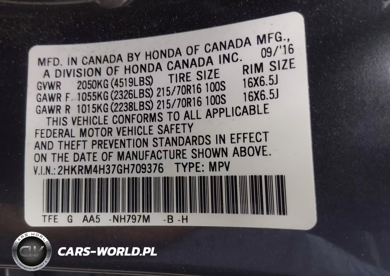 2016 Honda Cr-V Lx VIN:2HKRM4H37GH709376 - 9