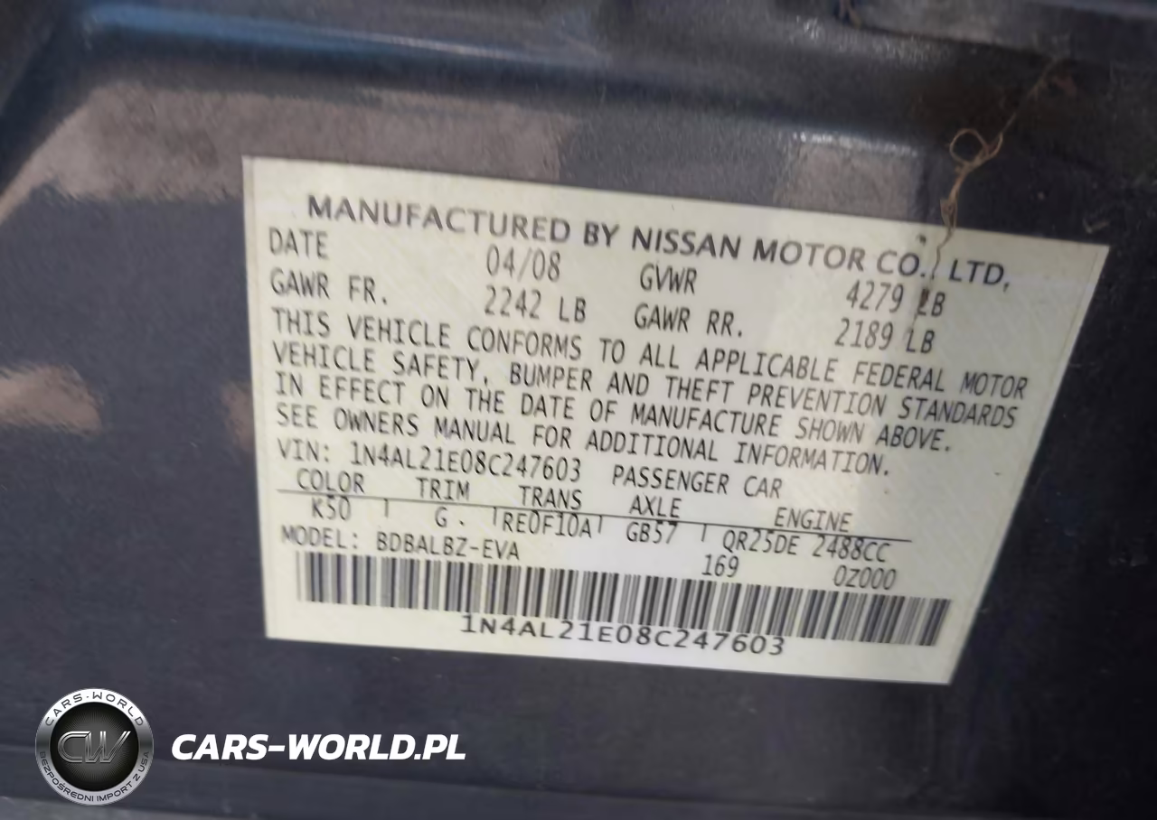2008 Nissan Altima 2.5 S VIN:1N4AL21E08C247603 - 9