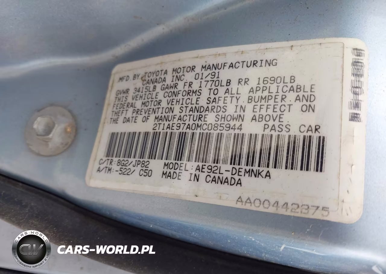 1991 Toyota Corolla Le-Dlx VIN:2T1AE97A0MC085944 - 9
