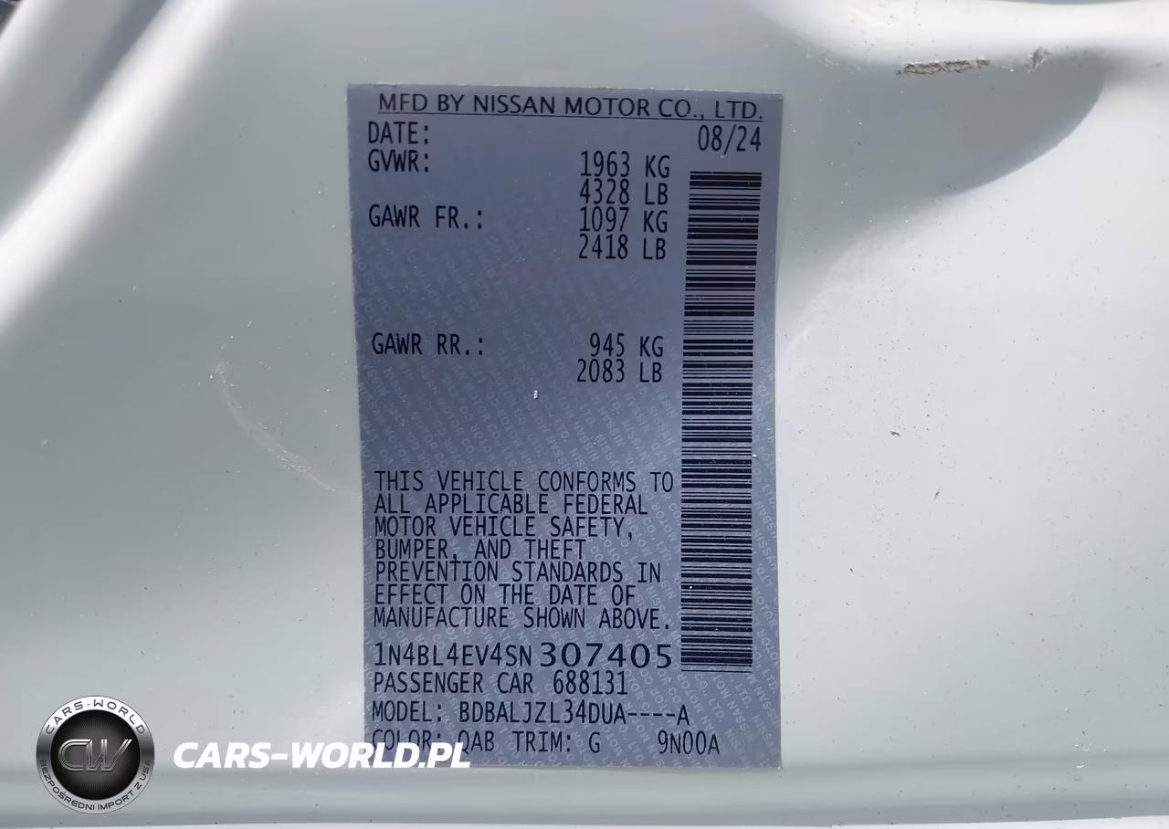 2025 Nissan Altima Sl Fwd VIN:1N4BL4EV4SN307405 - 9