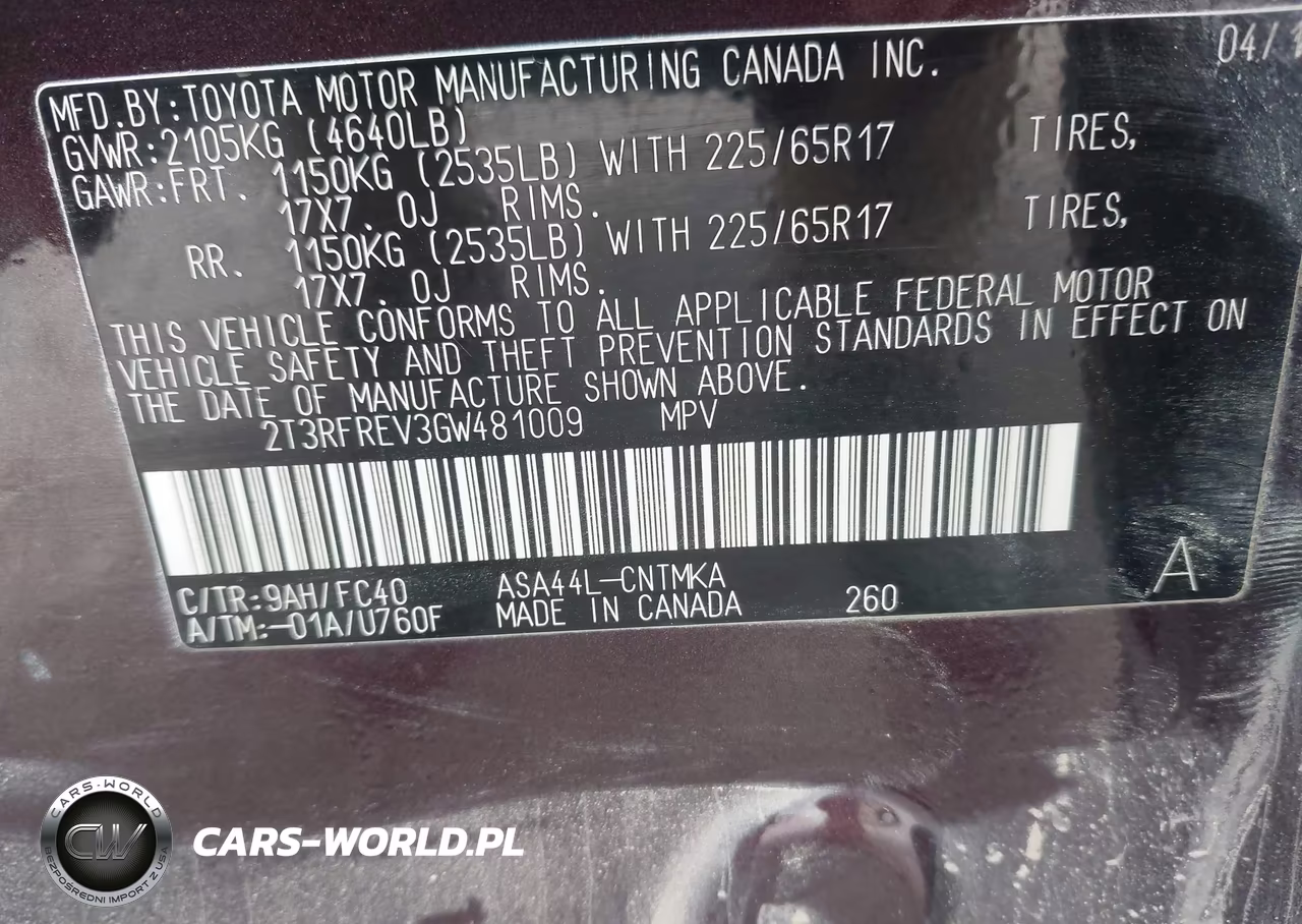 2016 Toyota Rav4 Xle VIN:2T3RFREV3GW481009 - 9