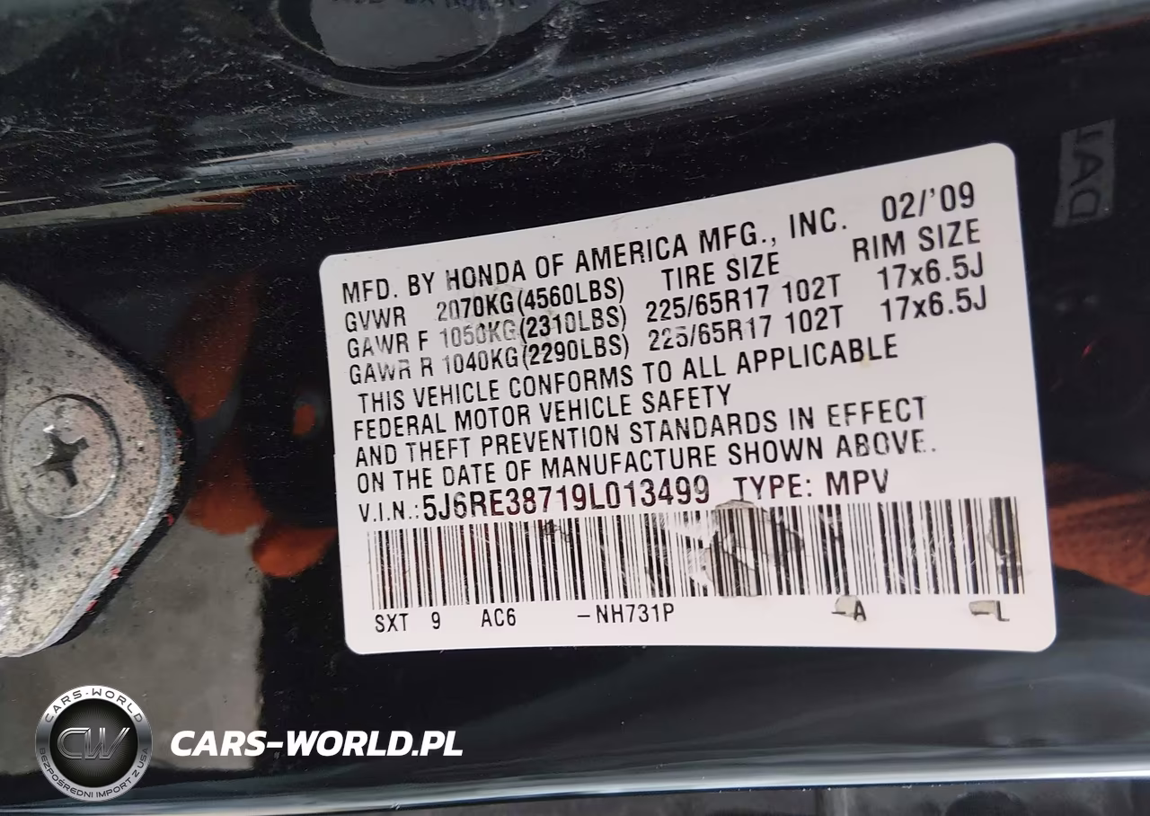 2009 Honda Cr-V Ex-L VIN:5J6RE38719L013499 - 9
