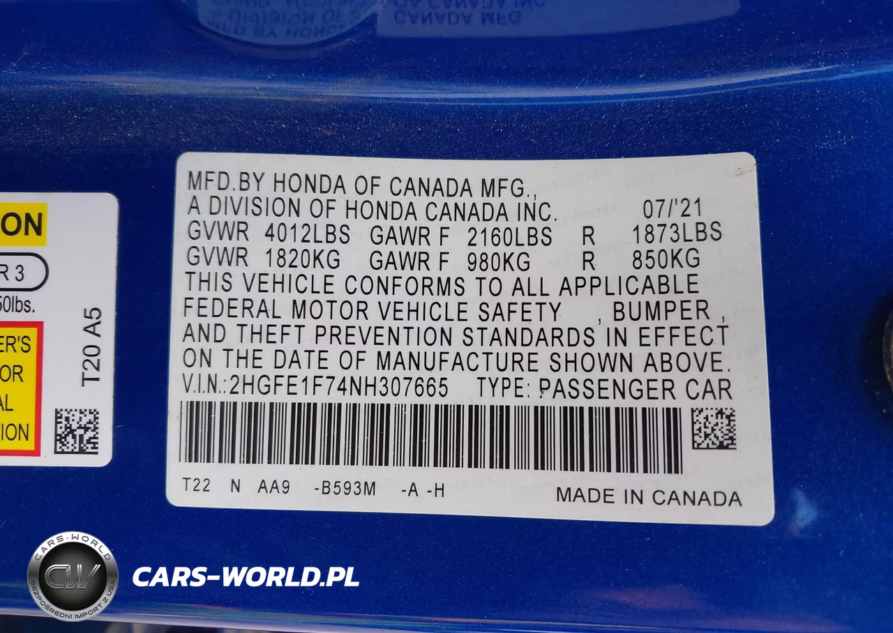 2022 Honda Civic Ex VIN:2HGFE1F74NH307665 - 9