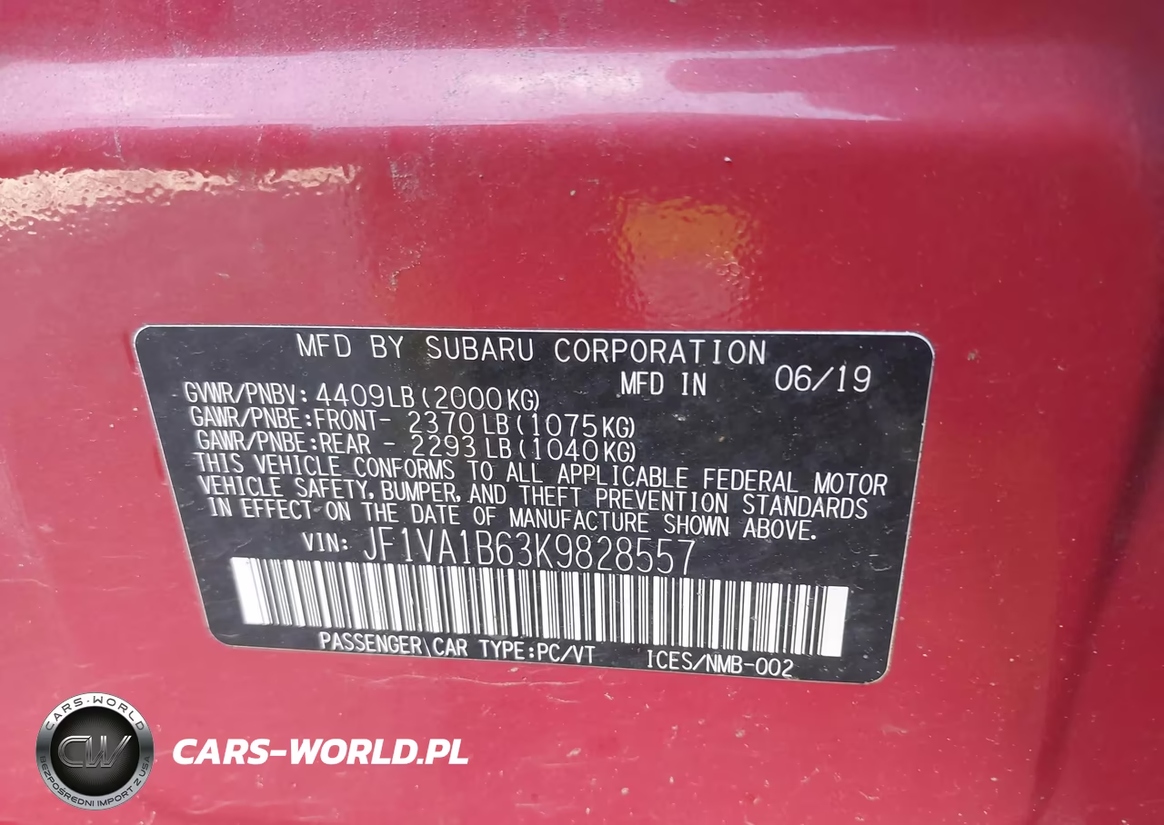 2019 Subaru Wrx Premium VIN:JF1VA1B63K9828557 - 9