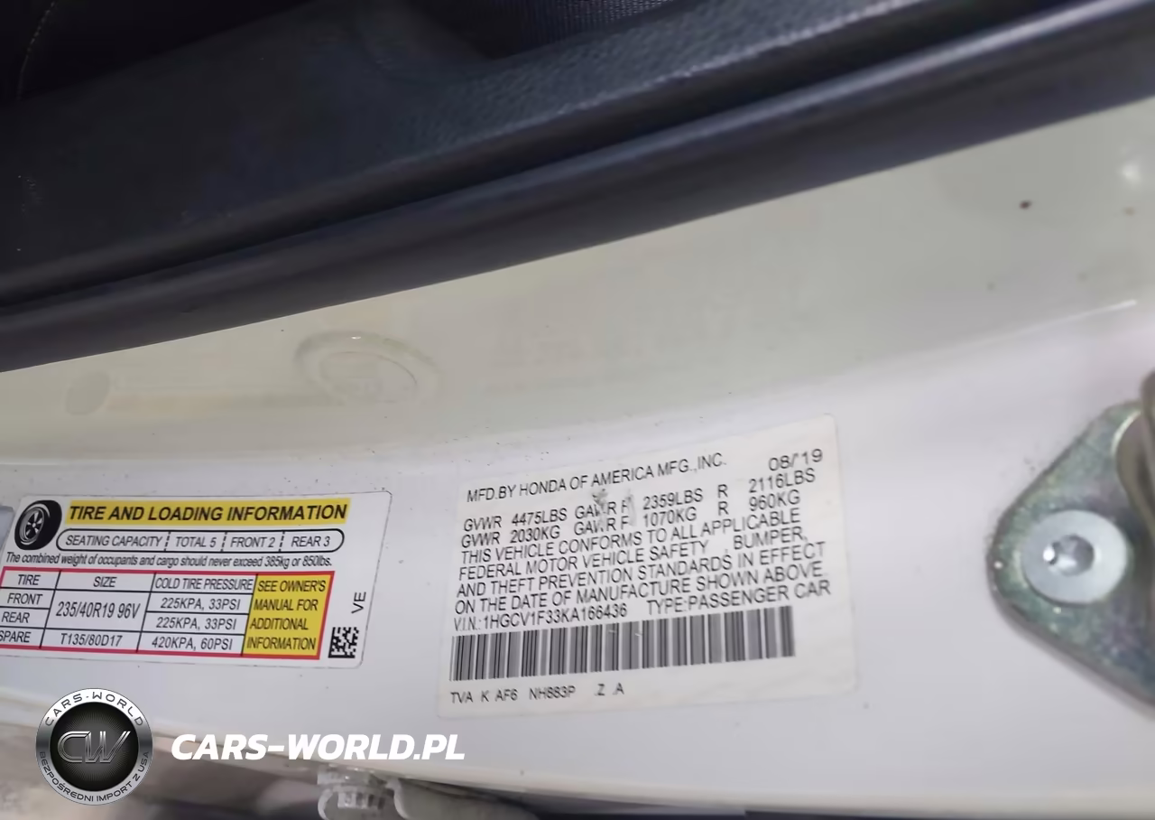 2019 Honda Accord Sport VIN:1HGCV1F33KA166436 - 9