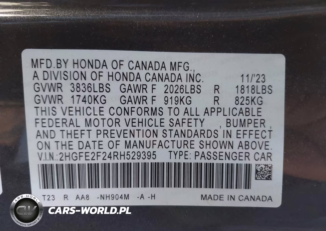 2024 Honda Civic Lx VIN:2HGFE2F24RH529395 - 9