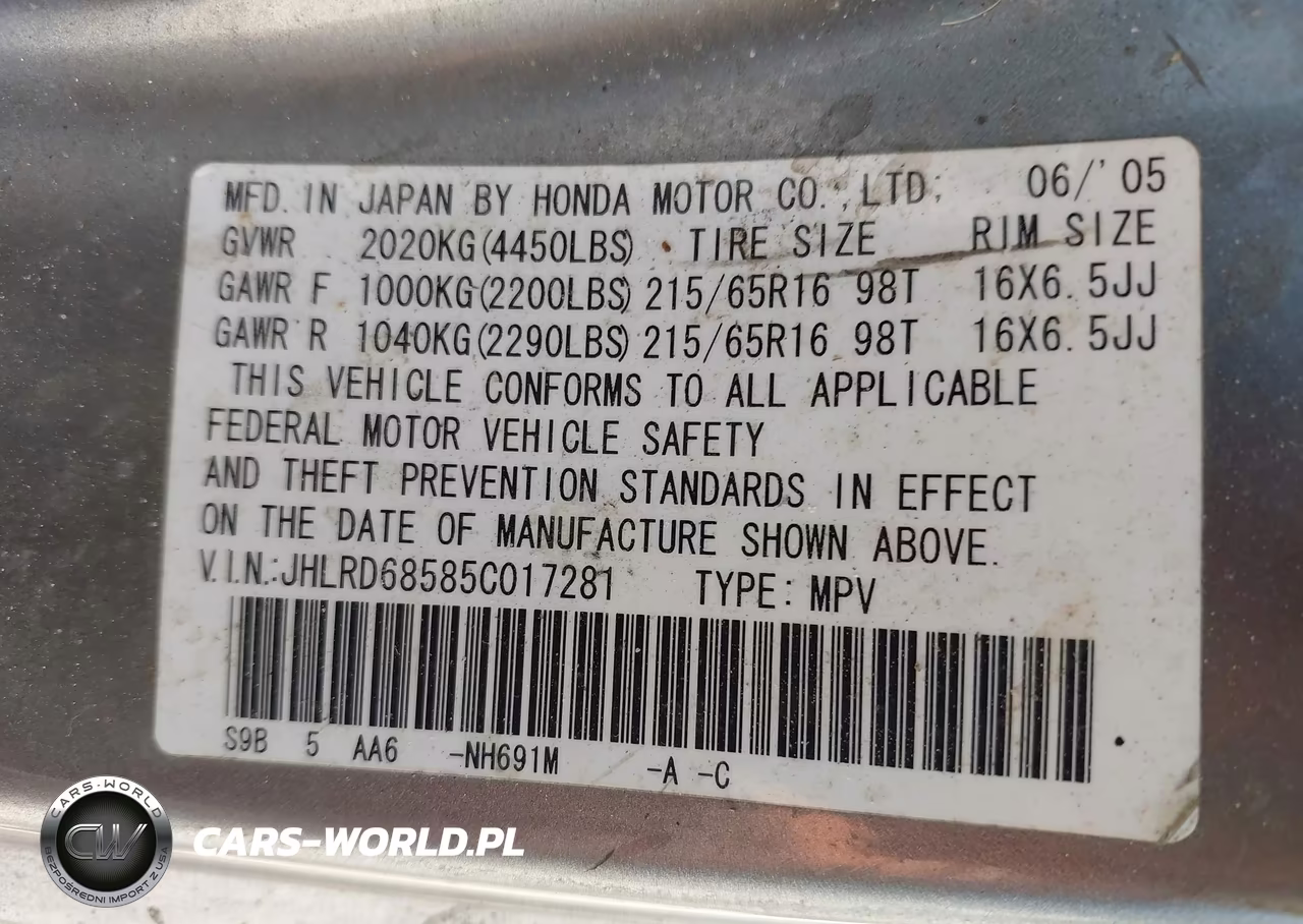 2005 Honda Cr-V Lx VIN:JHLRD68585C017281 - 9