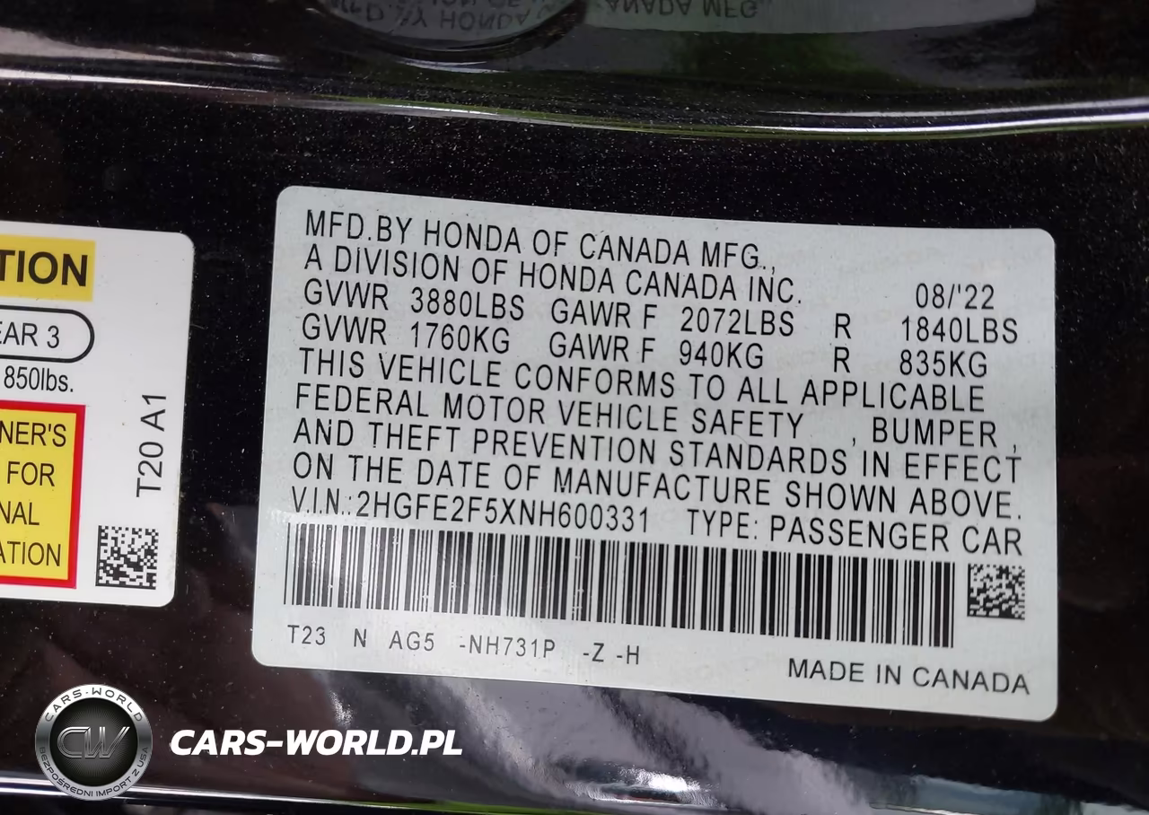 2022 Honda Civic Sport VIN:2HGFE2F5XNH600331 - 9
