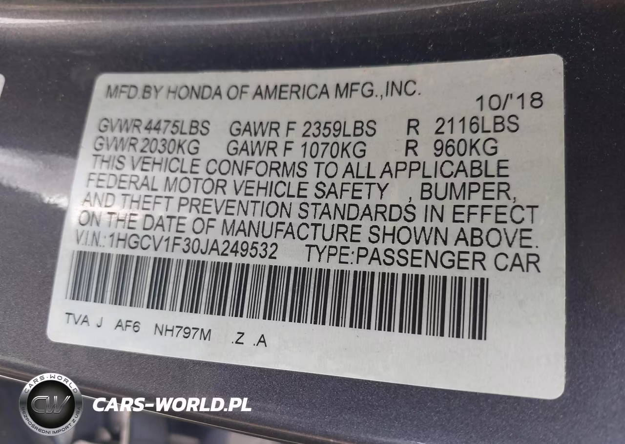 2018 Honda Accord Sport VIN:1HGCV1F30JA249532 - 9
