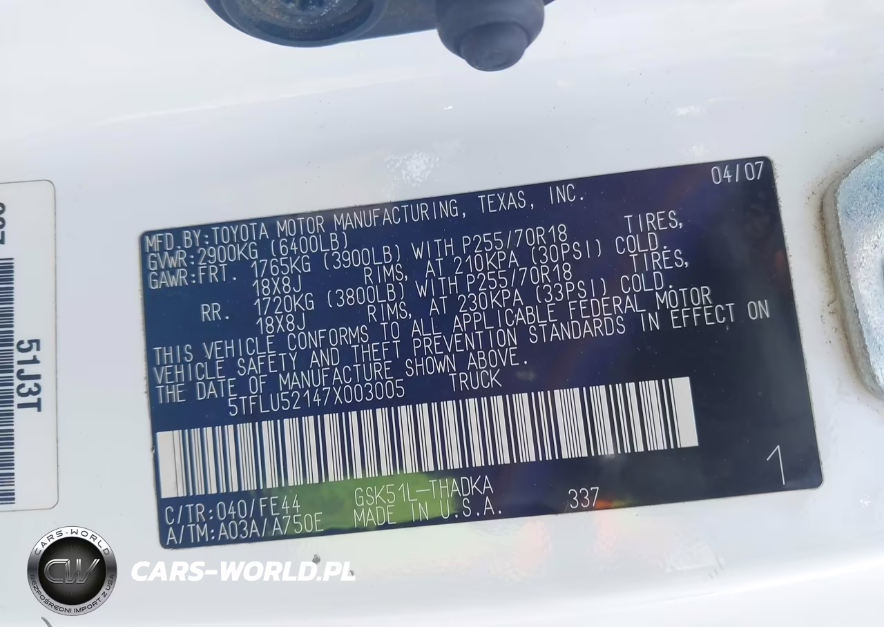 2007 Toyota Tundra Base V6 VIN:5TFLU52147X003005 - 9