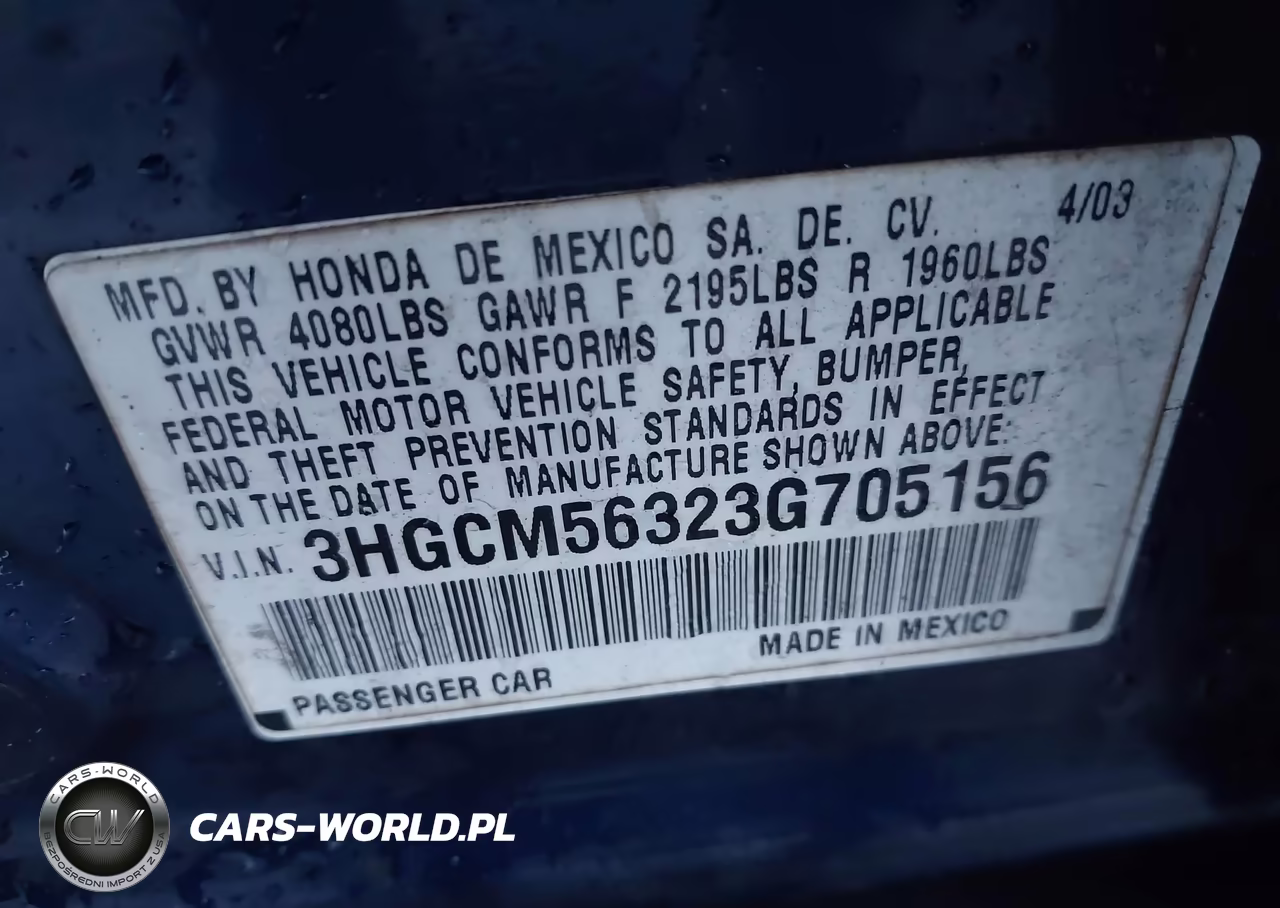 2003 Honda Accord Sdn Lx VIN:3HGCM56323G705156 - 9