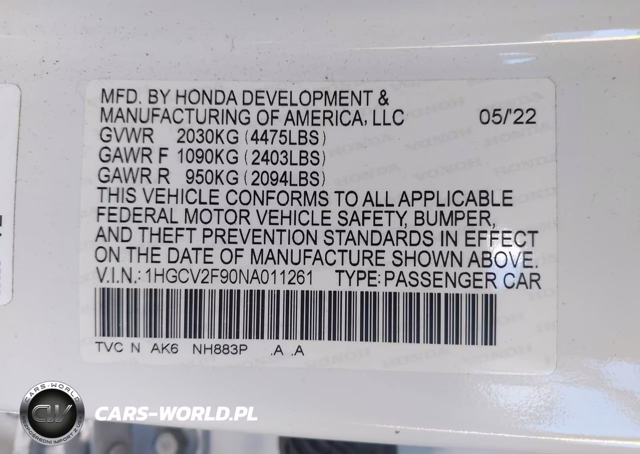 2022 Honda Accord Touring VIN:1HGCV2F90NA011261 - 9
