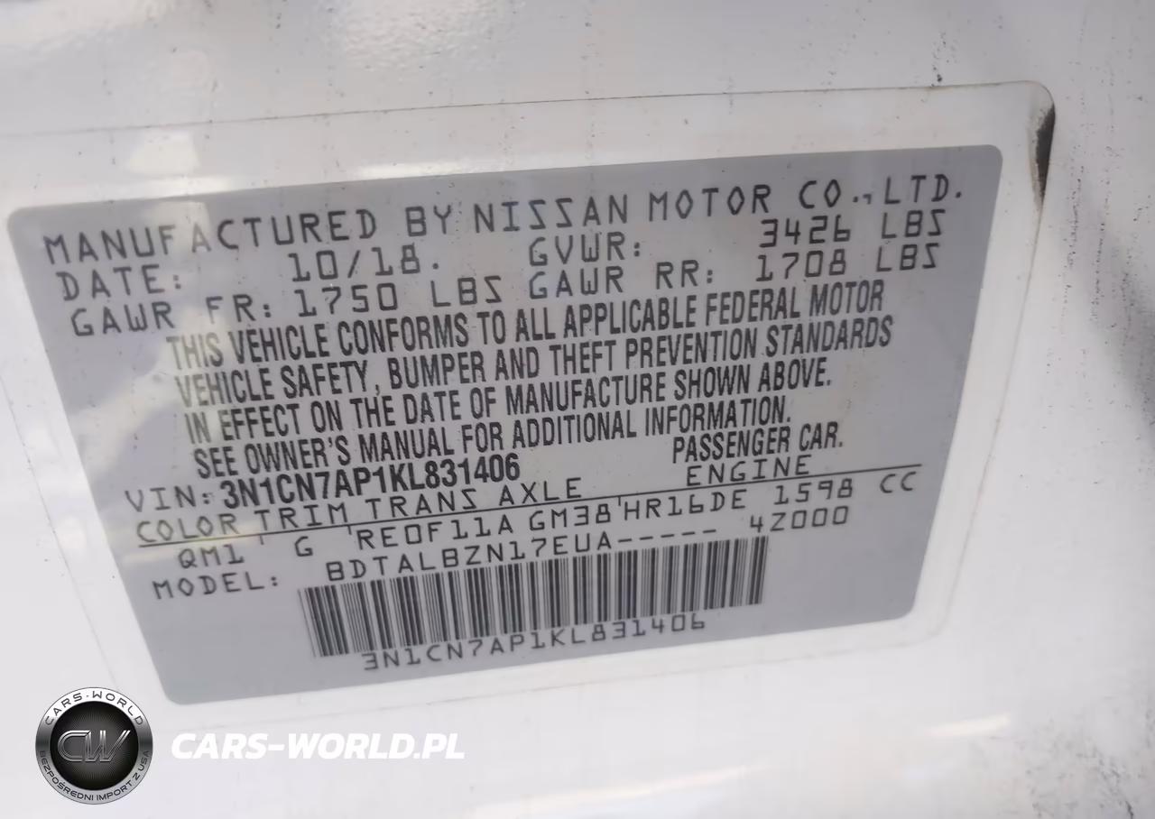 2019 Nissan Versa 1.6 Sv VIN:3N1CN7AP1KL831406 - 9