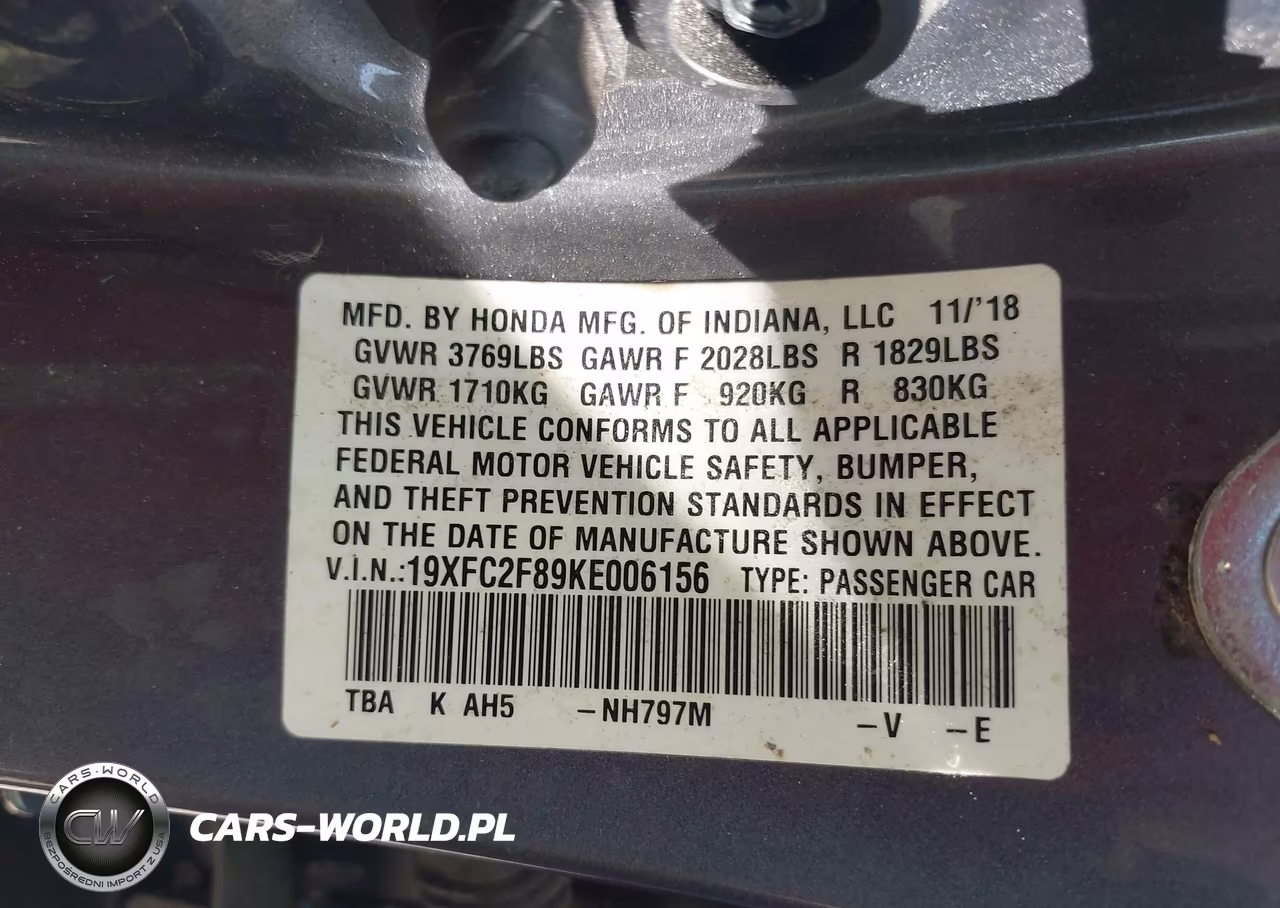 2019 Honda Civic Sport VIN:19XFC2F89KE006156 - 9
