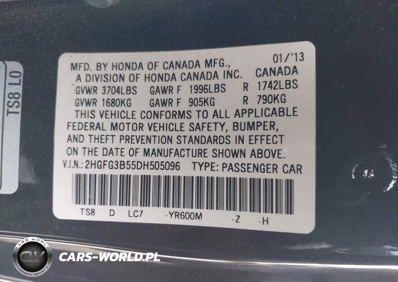 2013 Honda Civic Lx VIN:2HGFG3B55DH505096 - 9