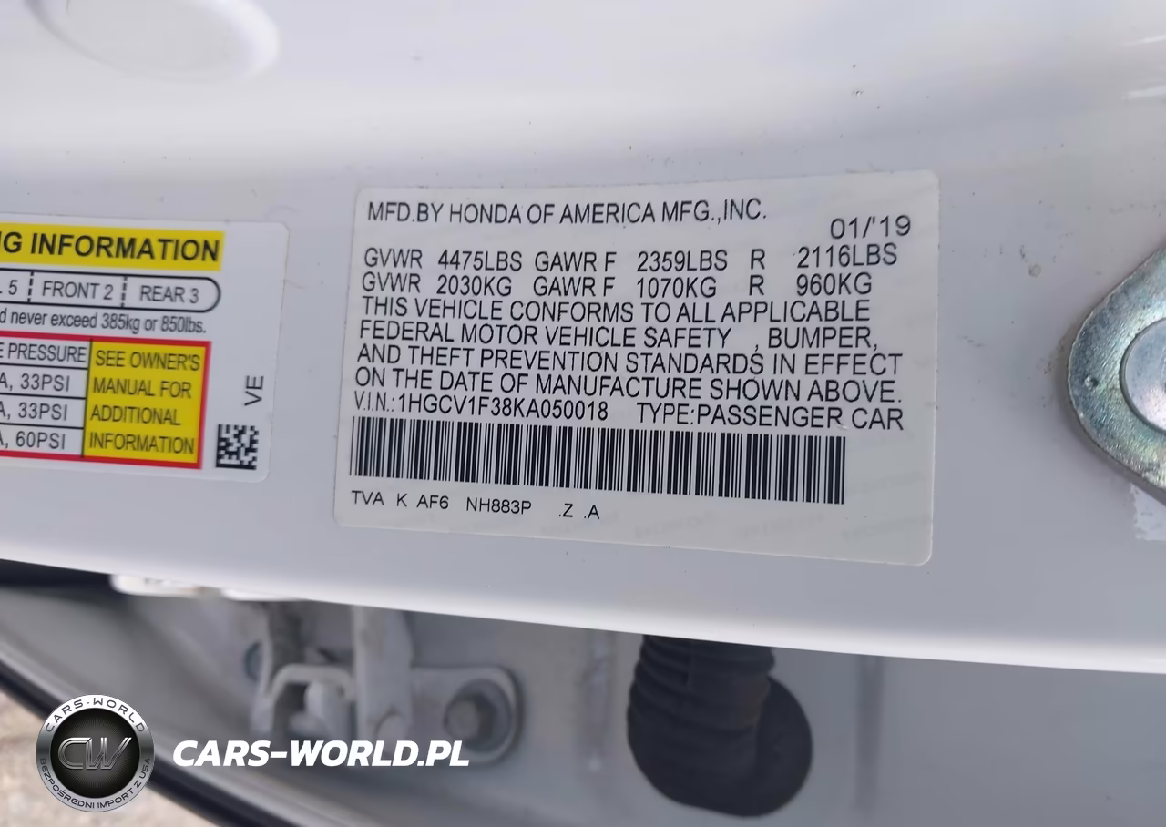 2019 Honda Accord Sport VIN:1HGCV1F38KA050018 - 9