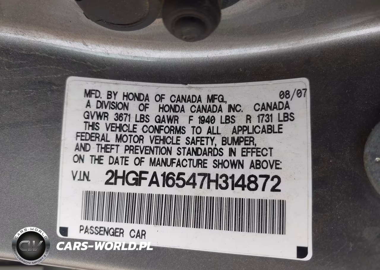 2007 Honda Civic Lx VIN:2HGFA16547H314872 - 9