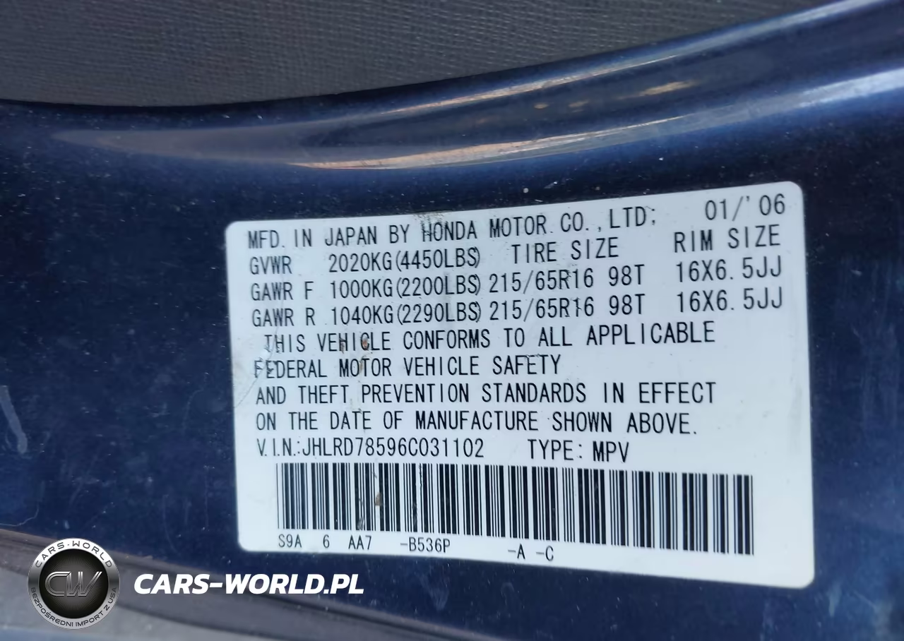 2006 Honda Cr-V Lx VIN:JHLRD78596C031102 - 9