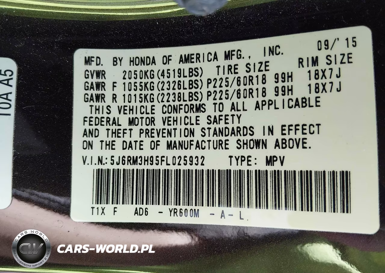 2015 Honda Cr-V Touring VIN:5J6RM3H95FL025932 - 9