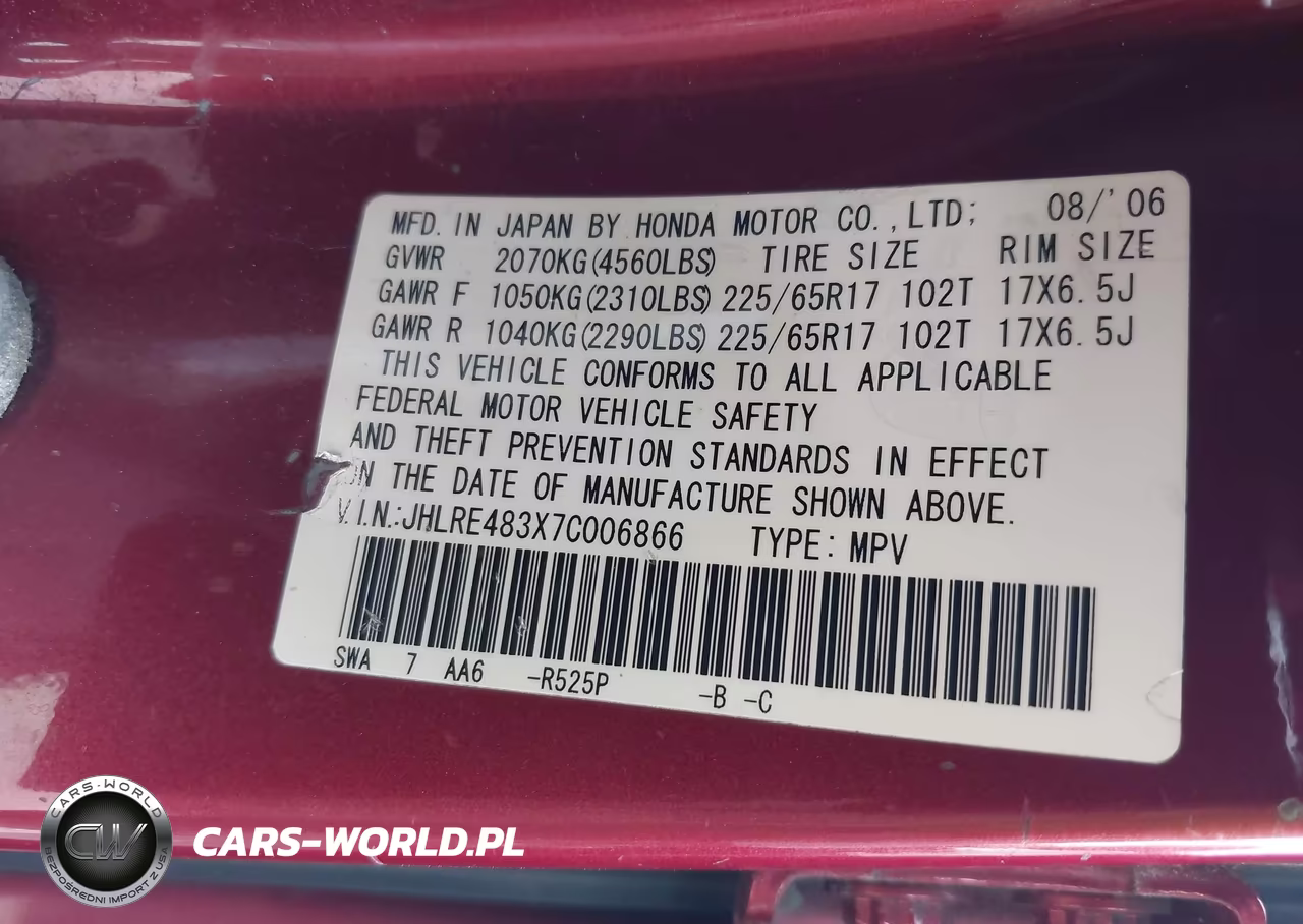 2007 Honda Cr-V Lx VIN:JHLRE483X7C006866 - 9