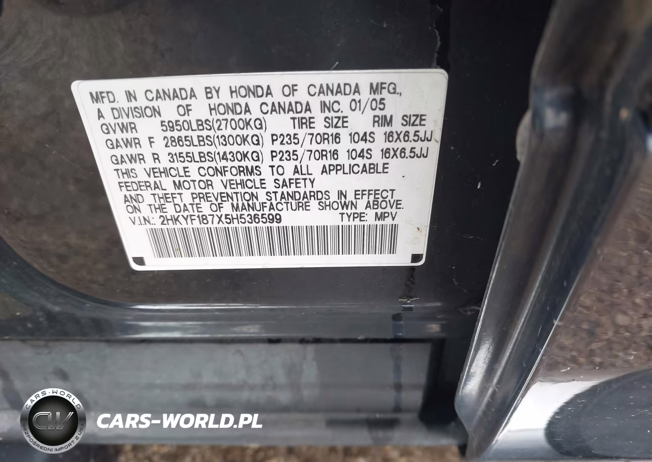 2005 Honda Pilot Ex-L VIN:2HKYF187X5H536599 - 9