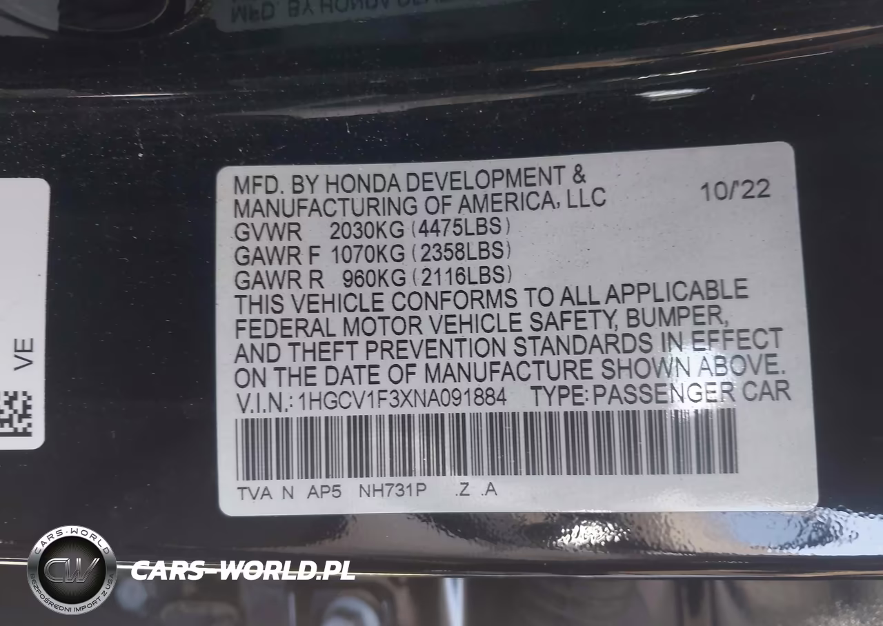 2022 Honda Accord Sport VIN:1HGCV1F3XNA091884 - 9