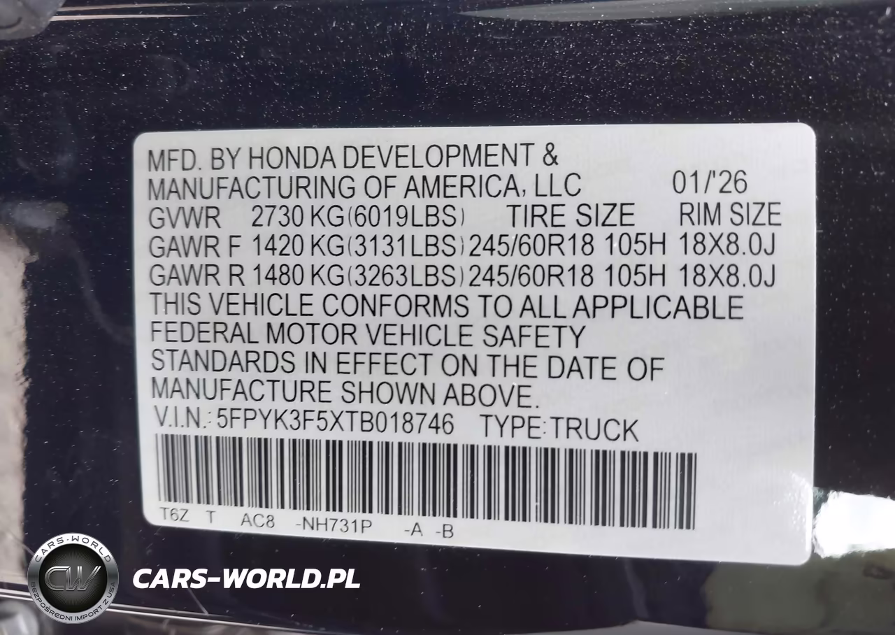 2026 Honda Ridgeline Rtl VIN:5FPYK3F5XTB018746 - 9