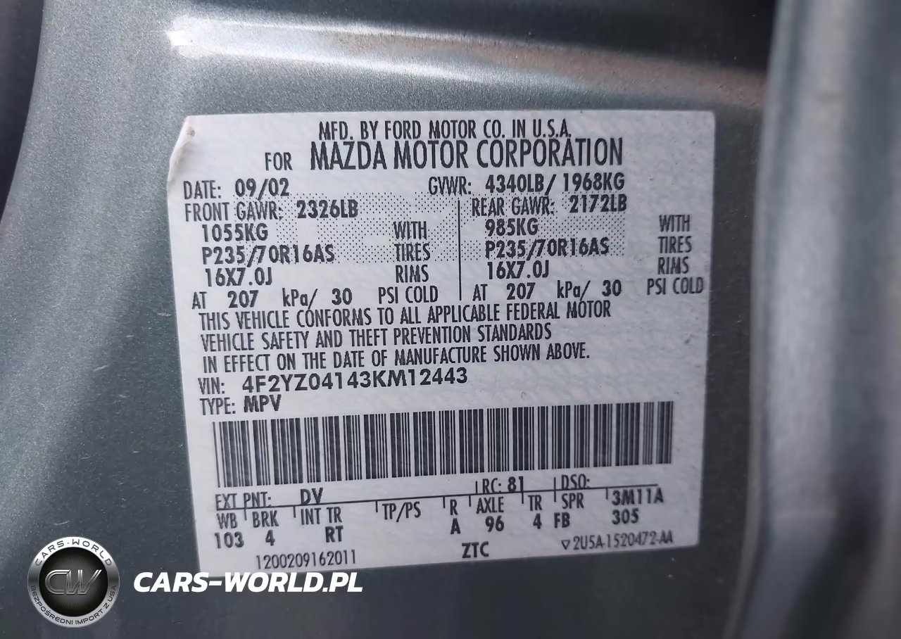 2003 Mazda Tribute Lx V6 VIN:4F2YZ04143KM12443 - 9