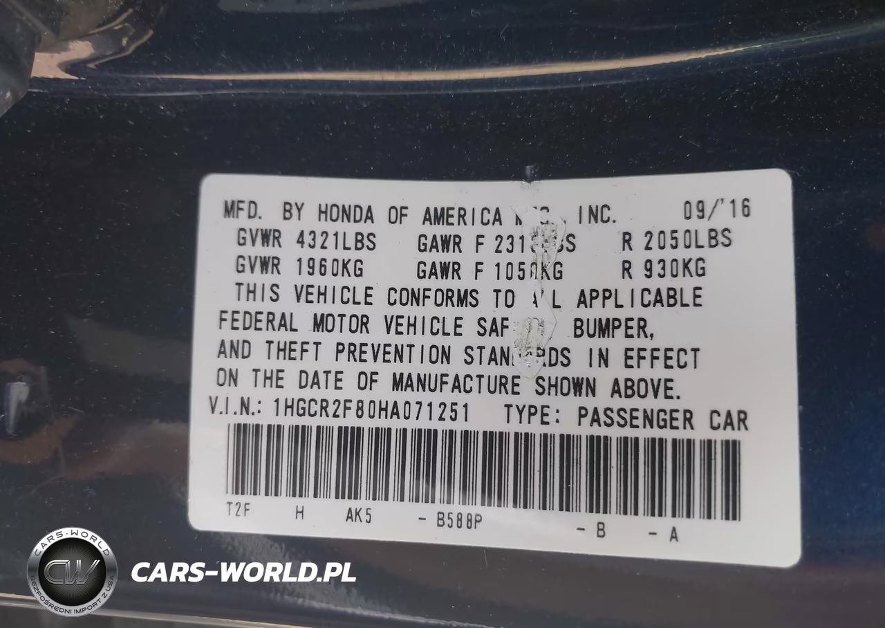 2017 Honda Accord Ex-L VIN:1HGCR2F80HA071251 - 9