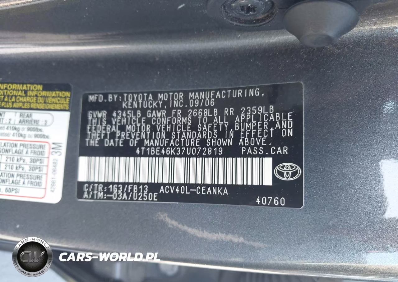 2007 Toyota Camry Le VIN:4T1BE46K37U072819 - 9