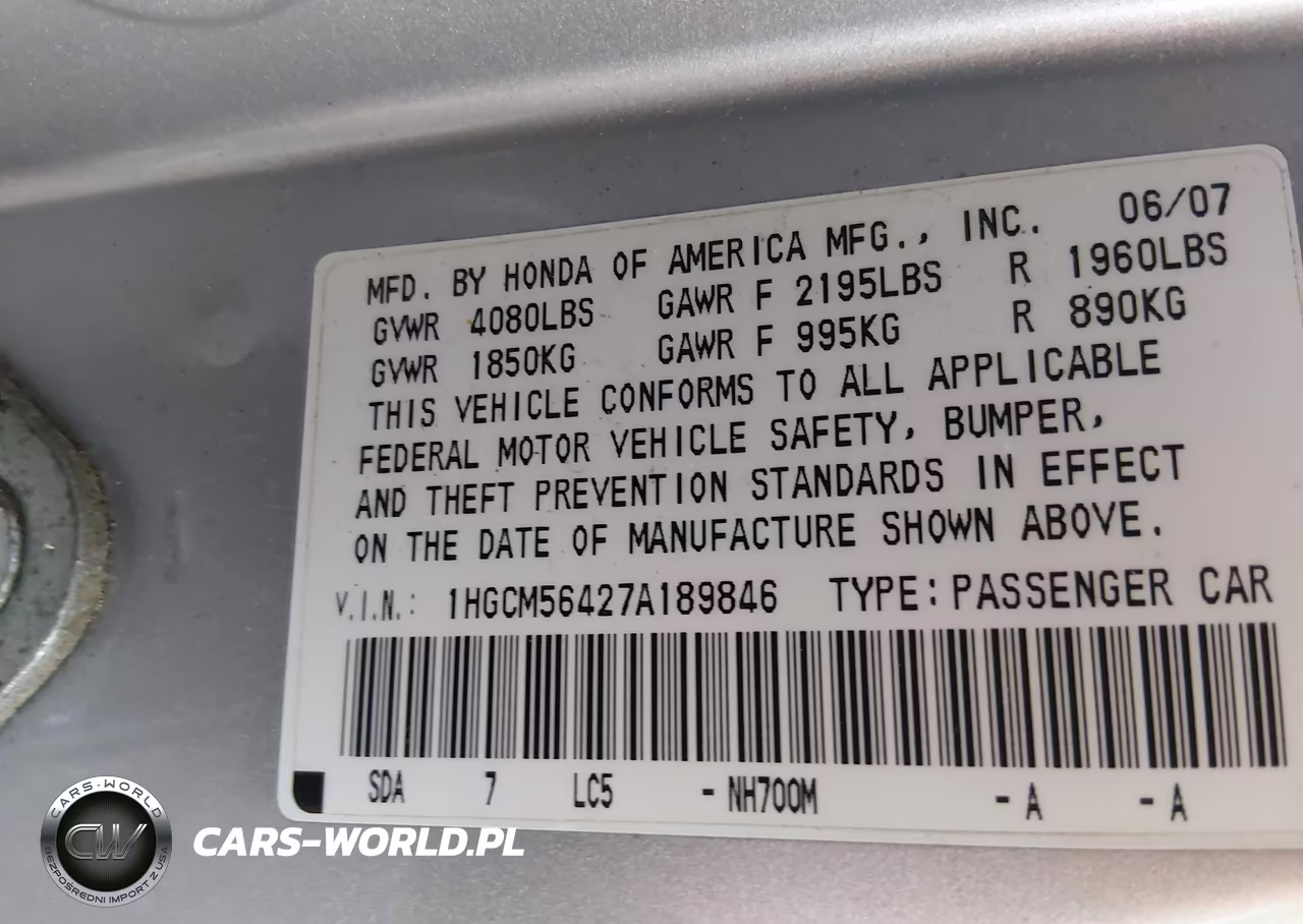 2007 Honda Accord 2.4 Lx VIN:1HGCM56427A189846 - 9