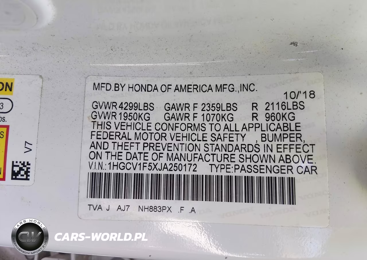 2018 Honda Accord Ex-L VIN:1HGCV1F5XJA250172 - 9